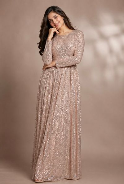 South Asian model poses in shimmering rose-gold gown under soft light.