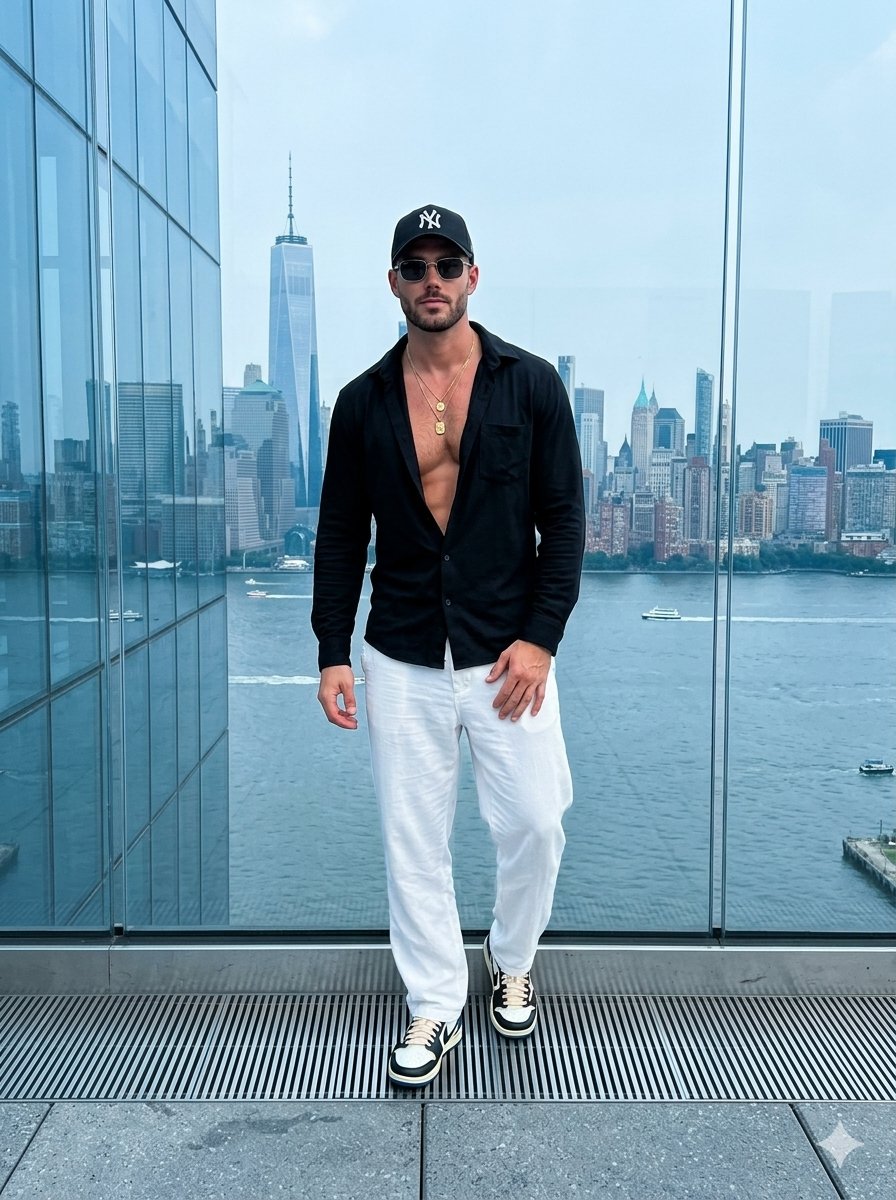Confident man in black shirt poses on outdoor deck overlooking Manhattan skyline
