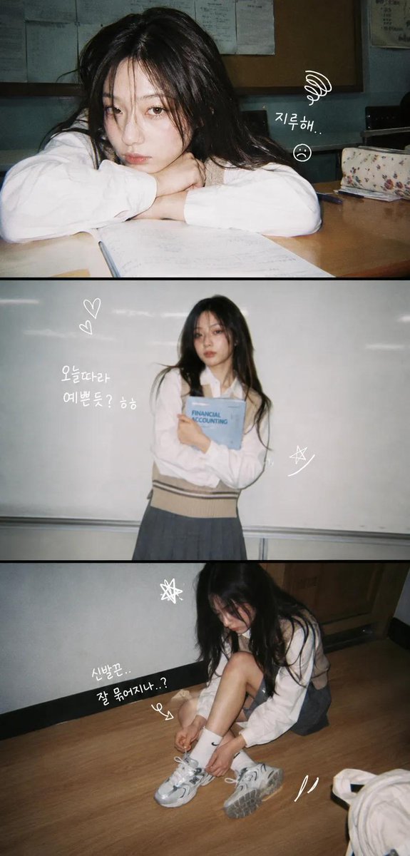 A bored girl rests on a desk in a vintage photo strip.