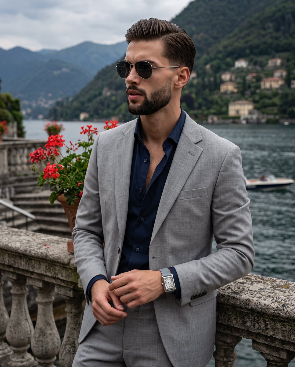 Elegant man in grey suit poses by lakeside terrace with red flowers
