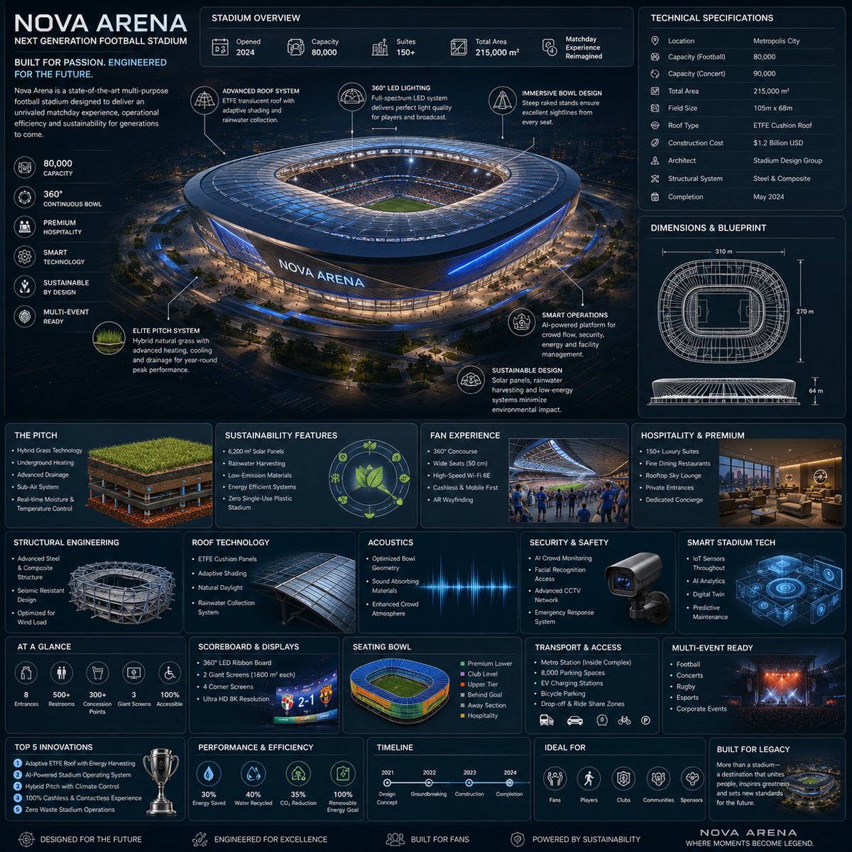 Futuristic stadium infographic reveals engineering marvels at night.