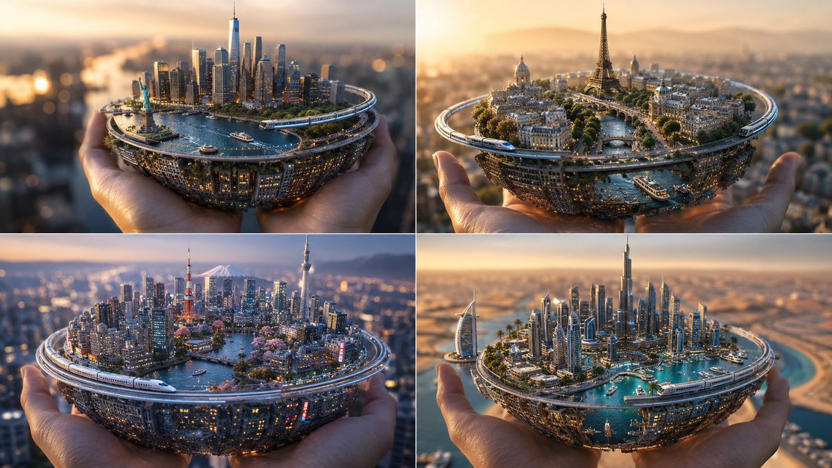 Four iconic city spheres float in a golden hour sky