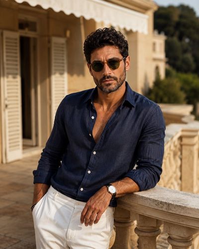 Young man in navy linen shirt leans on Mediterranean balcony at sunset