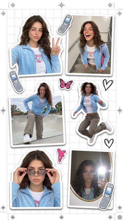 A Y2K sticker sheet shows a human in baby blue track jacket