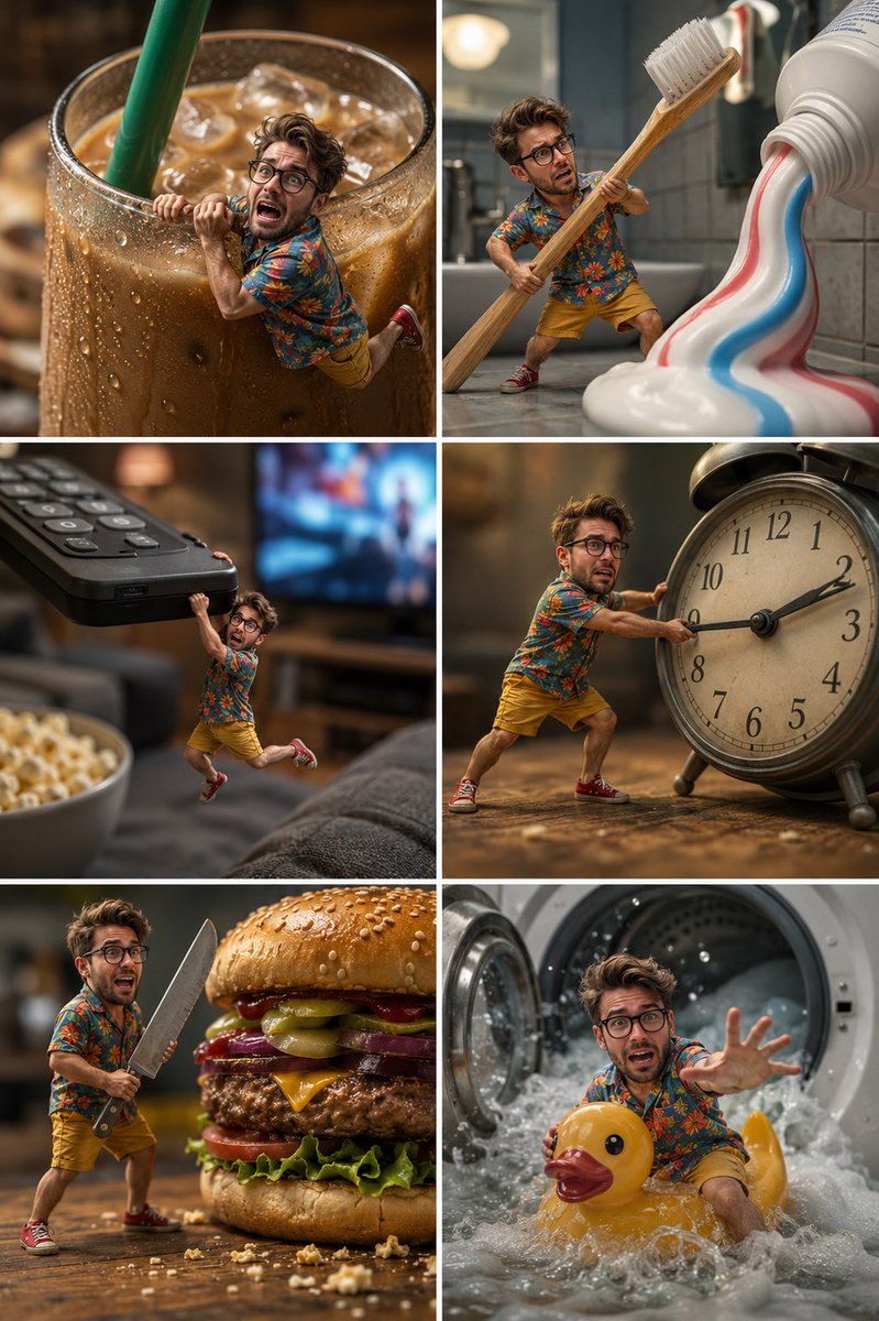 A tiny man battles giant household objects in six survival scenes