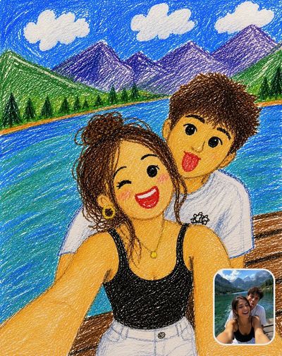 A toddler turns a mountain lake photo into messy crayon art