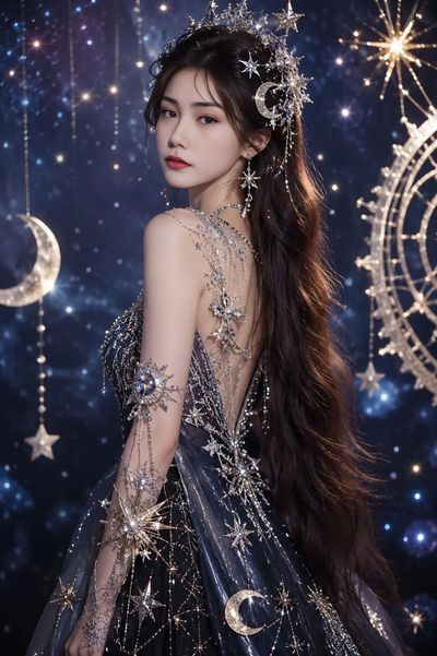 Celestial gown glows on Asian model in cosmic fashion shoot
