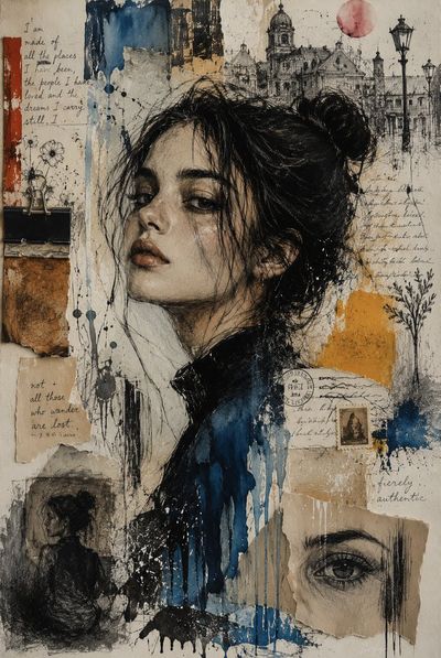 Contemplative woman in mixed-media collage with vintage layers