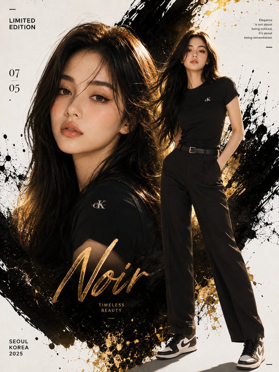 Young Korean woman poses in minimalist black outfit with golden light