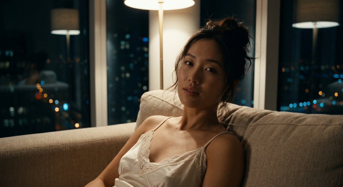 Asian woman in silk slip dress relaxes on beige sofa