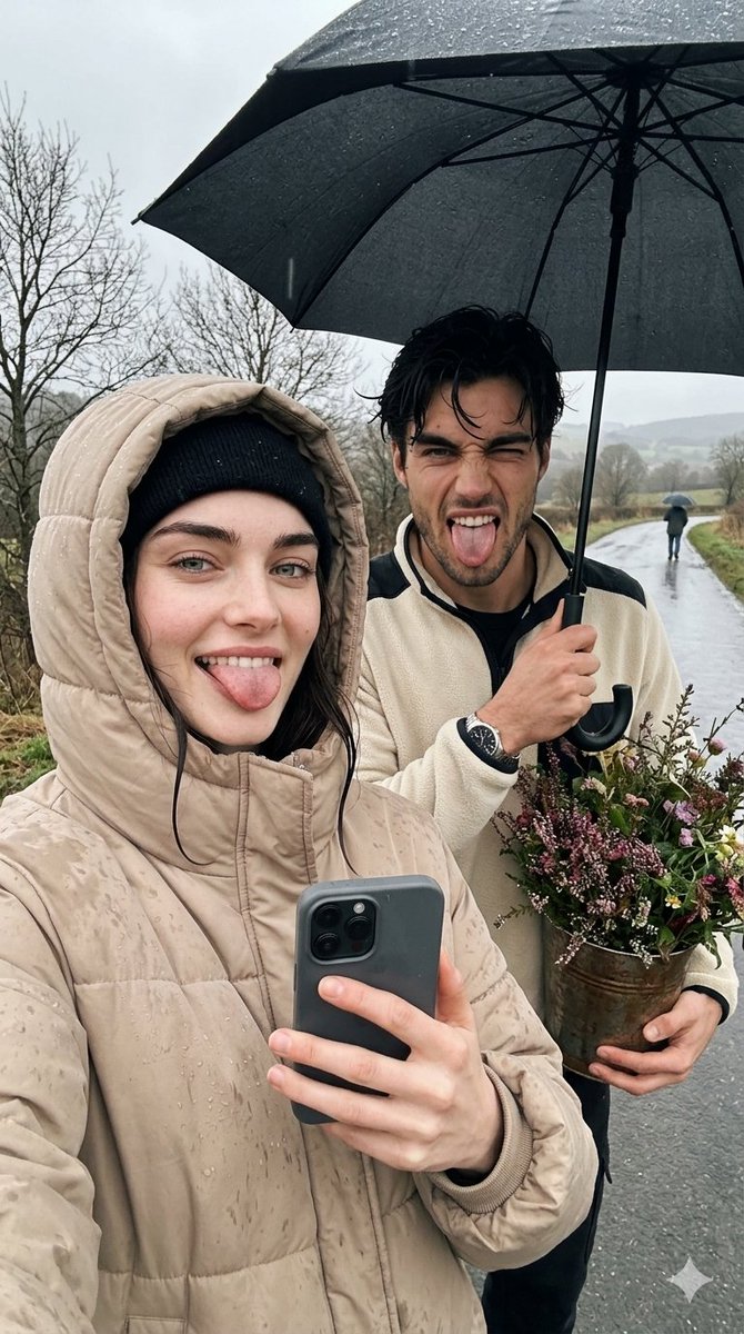 A young couple shares a playful rainy selfie on a country road