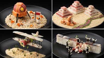 Salmon sashimi recreates the moon landing on a black plate