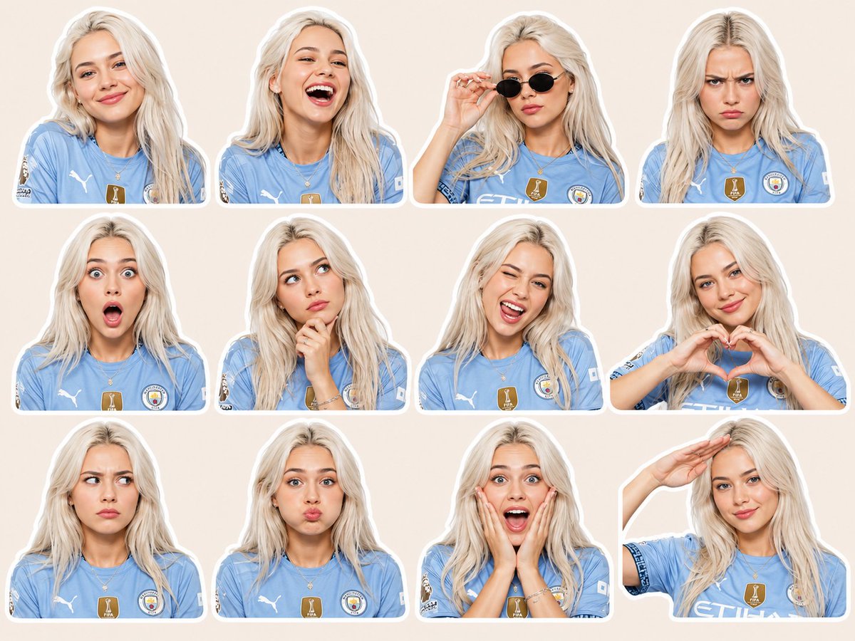 Young woman displays 12 lively expressions in football jerseys