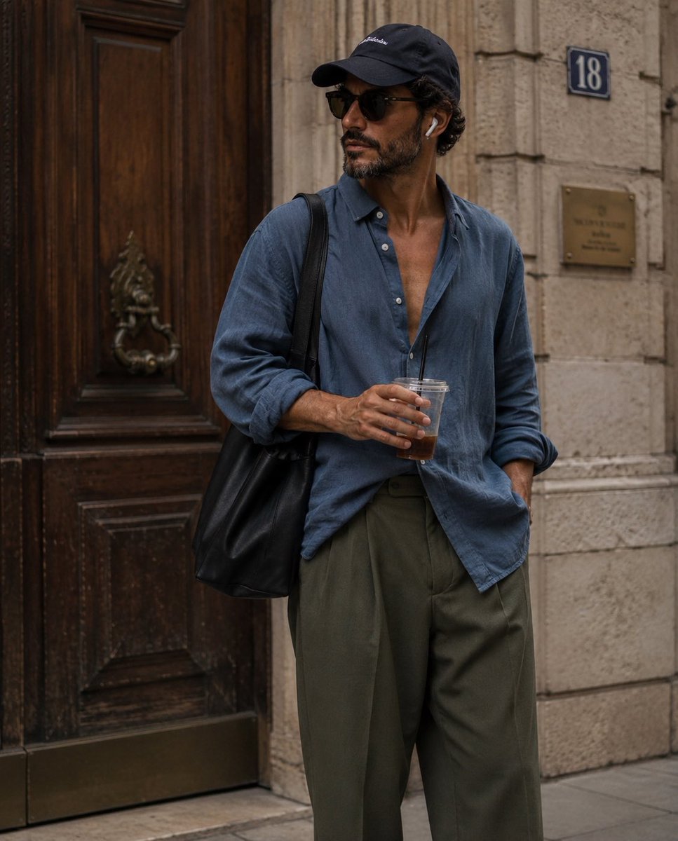 Young man in oversized linen shirt poses near vintage European doorway