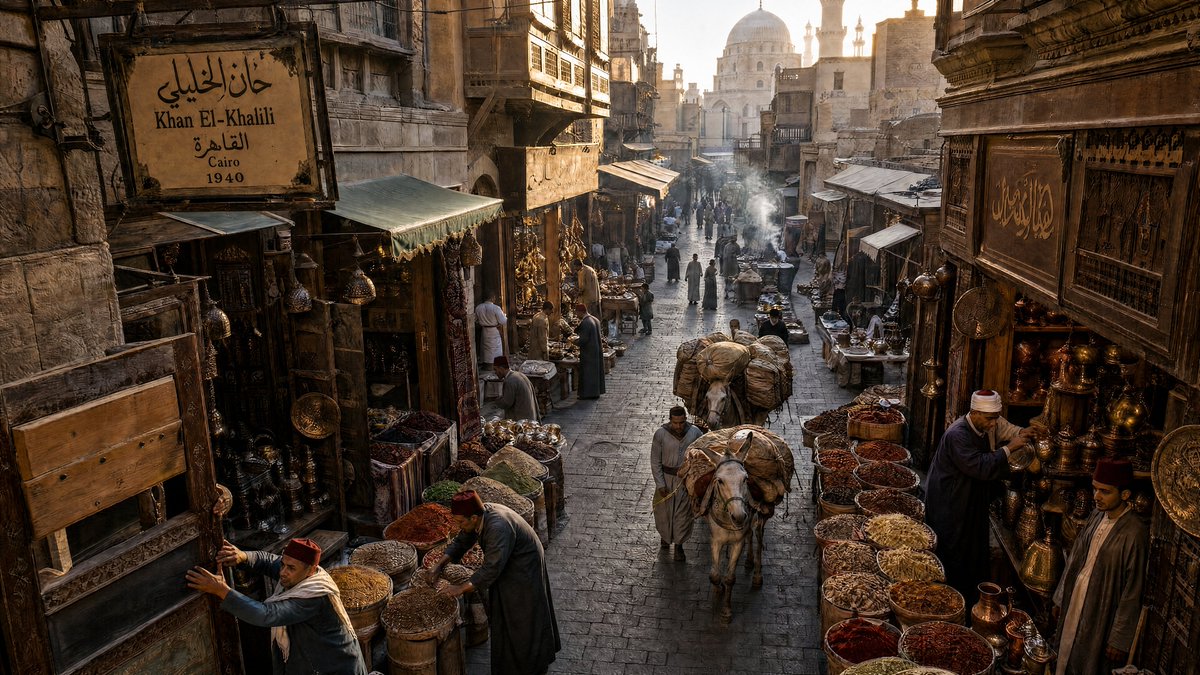 Morning light reveals merchants opening spice shops in Khan El-Khalili