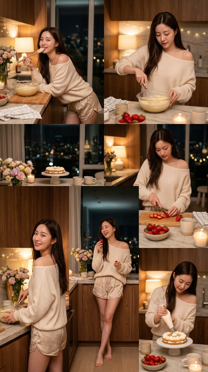 A Korean girl in a cozy kitchen mixes cake batter by candlelight.