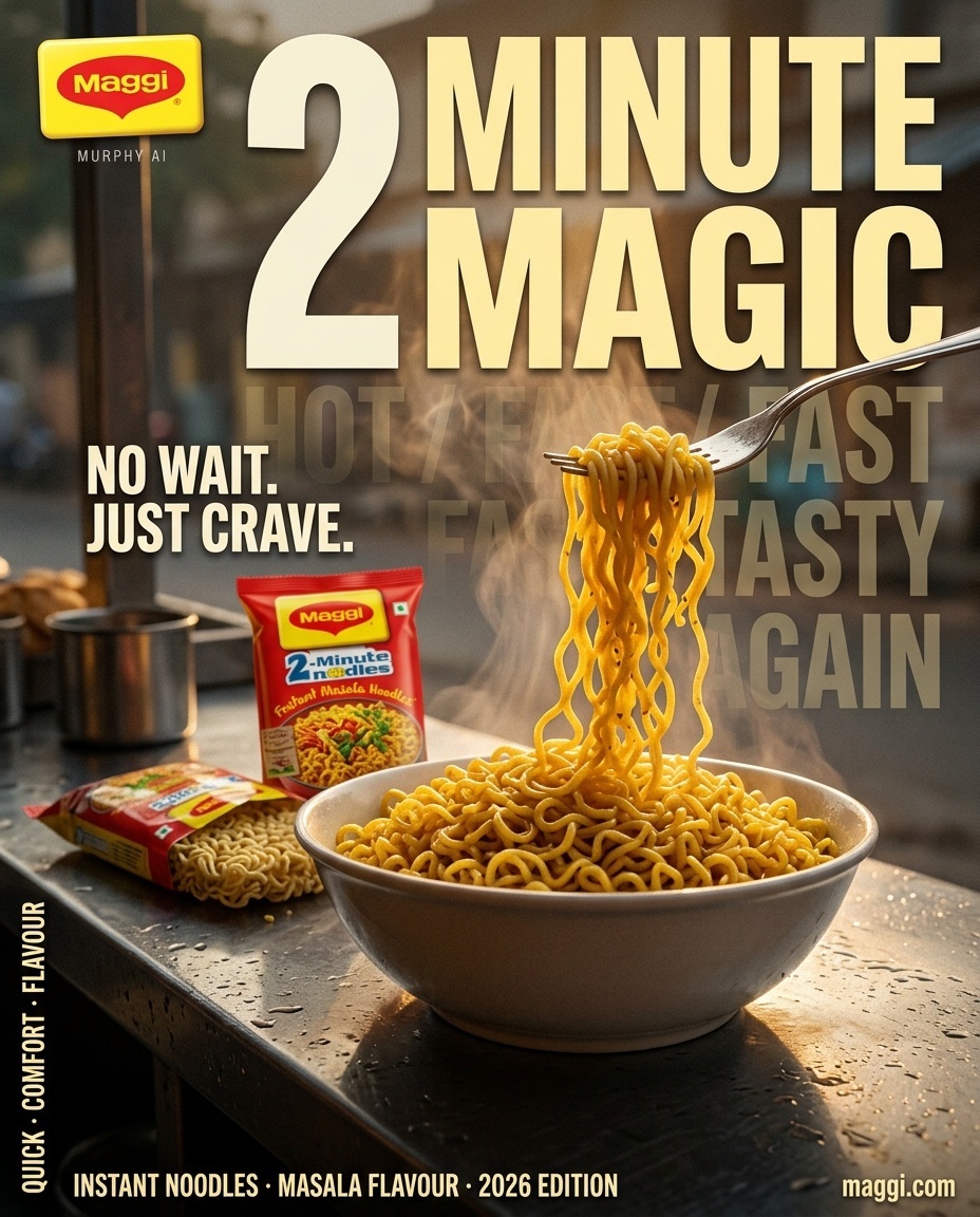 Steaming Maggi noodles lifted by fork at rainy roadside stall