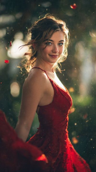 A woman in a red dress smiles amid glowing golden sunlight