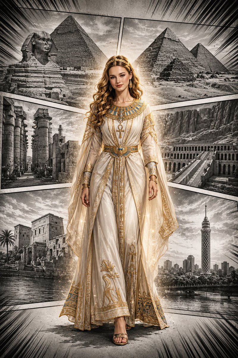 A woman in ivory Egyptian couture walks through ancient temples.