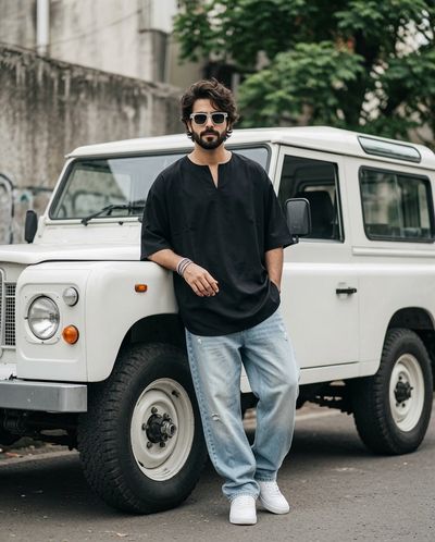 Man leans against classic white SUV in urban street portrait