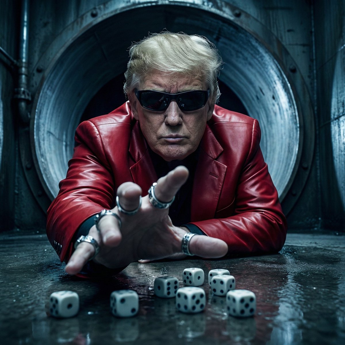A Bold, Cinematic Stance in Red: Trump in the Industrial Shadows