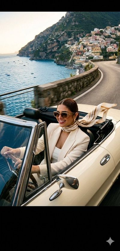 A brunette woman speeds along the Amalfi Coast in a convertible
