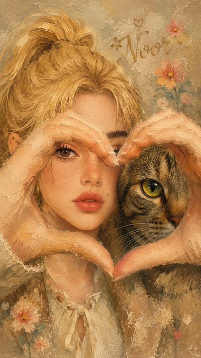 Blonde girl and tabby cat share a heart-shaped gaze
