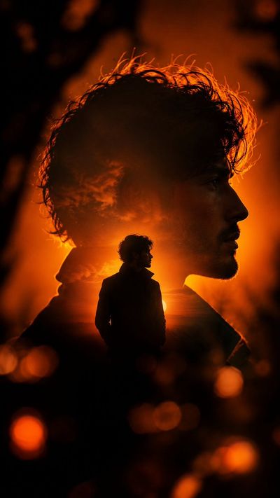 A man's silhouette in double exposure glows with fiery backlight