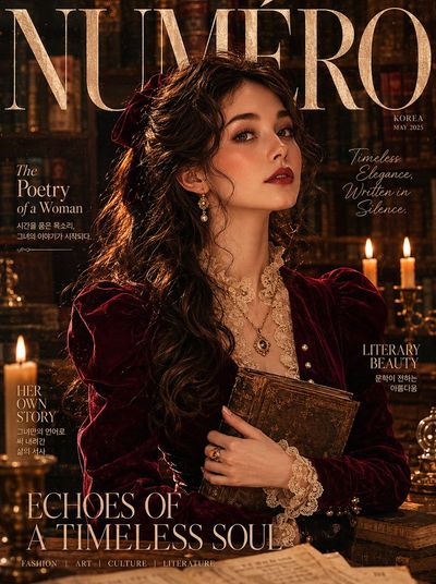 A woman in burgundy velvet reads by candlelit library shadows.