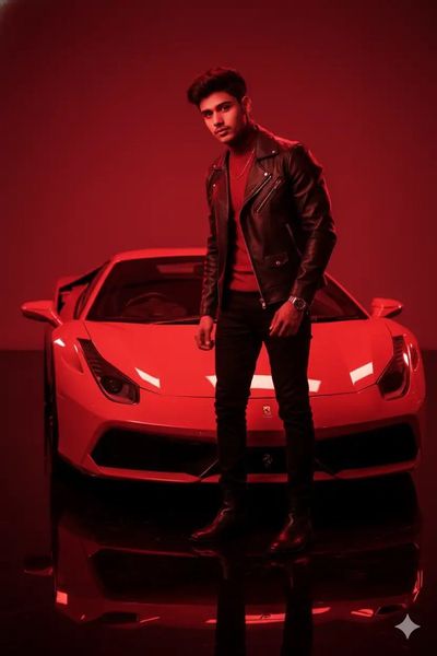 Crimson Elegance: Boy and Luxury Supercar in Fiery Light