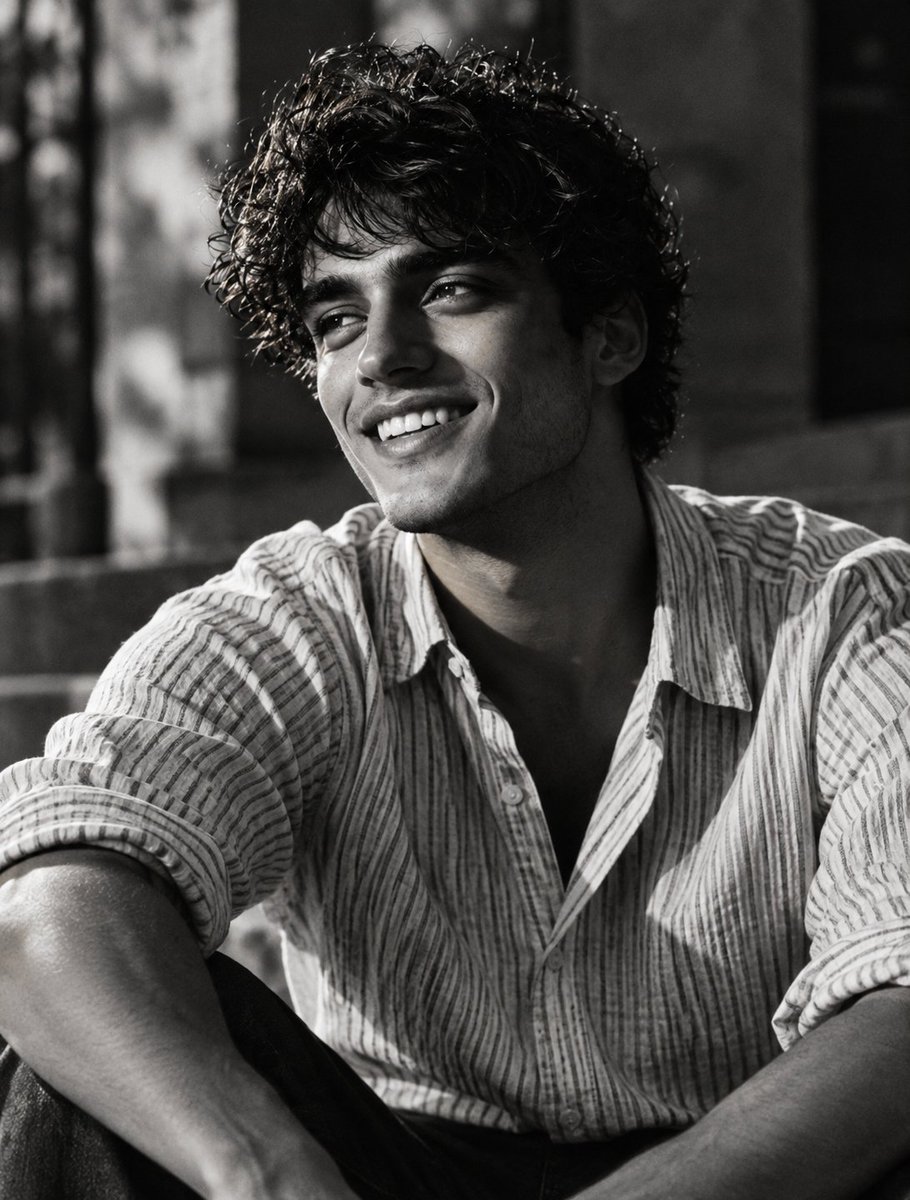Sunlit Laughter on City Steps in Monochrome Editorial Portrait