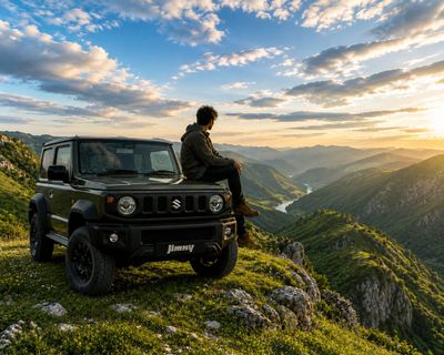 A man sits on a Jimny hood overlooking a lush spring valley