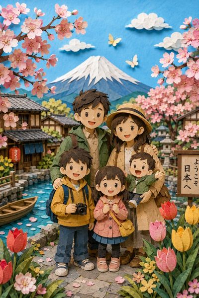 Whimsical Family Portrait in Cherry Blossom Village