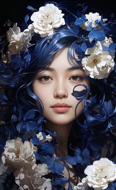 Ethereal woman with peonies and blue hair emerges from darkness