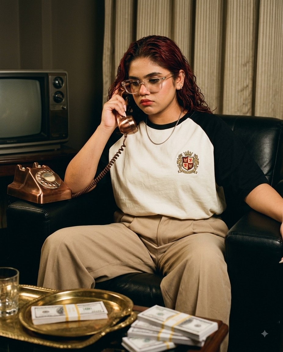 A woman in a leather chair listens to a rotary phone call
