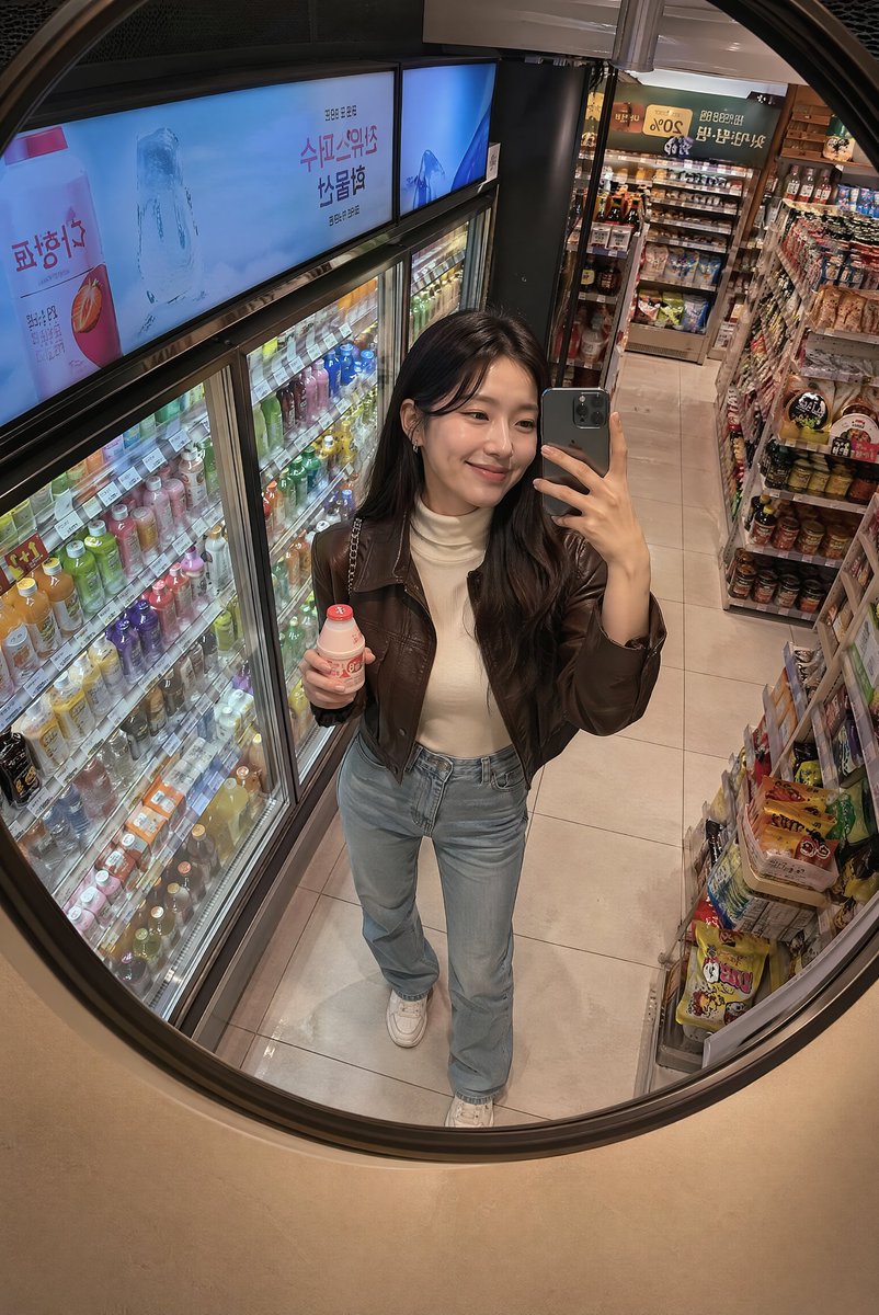 Young woman in cream turtleneck snaps selfie in Korean mart mirror