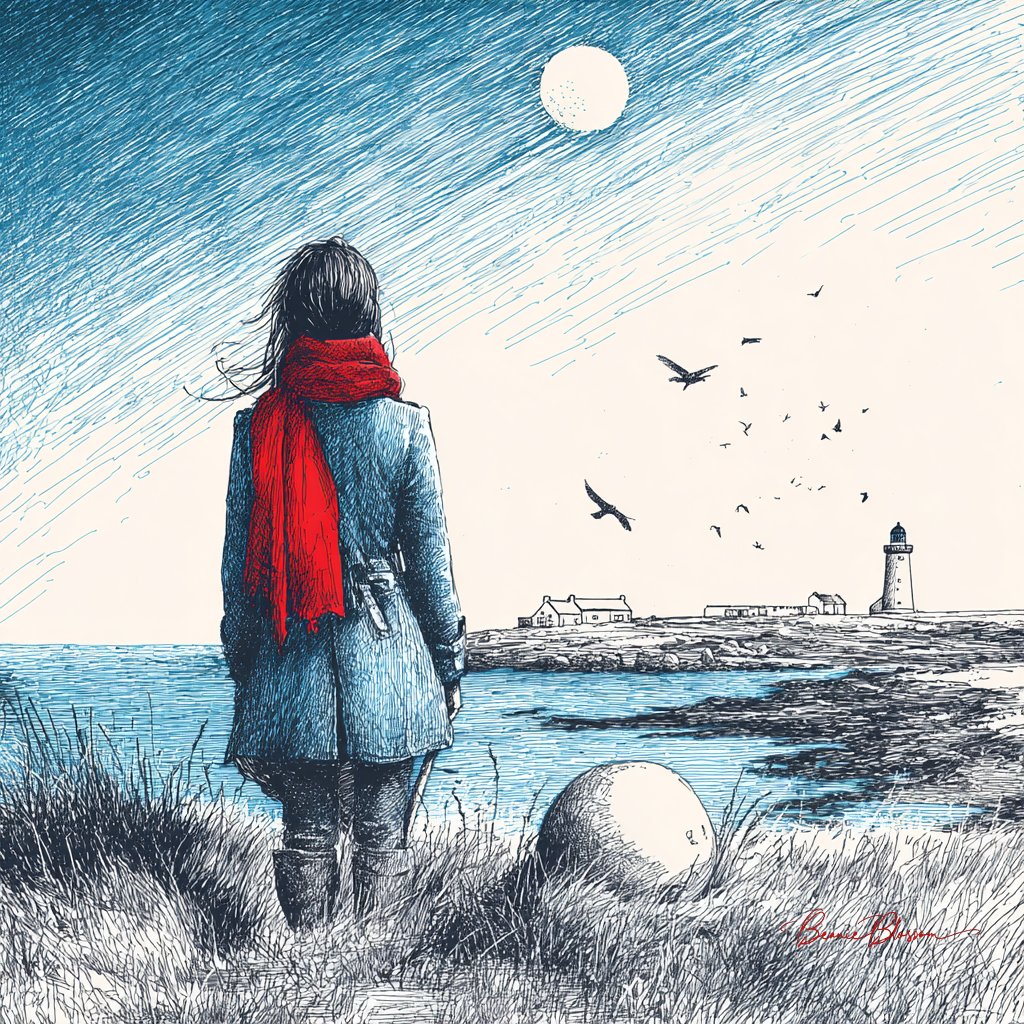 A lone figure in a coat stands on a grassy rise beside a pear-like form