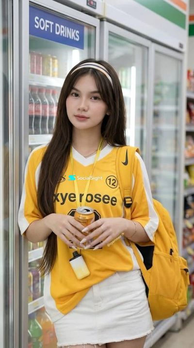 A fair woman with glass skin leans against a grocery refrigerator