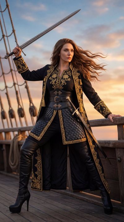Red-Haired Warrior on the Black Pearl at Dusk