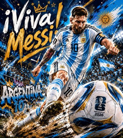 Messi sprints forward striking the ball in explosive street art poster