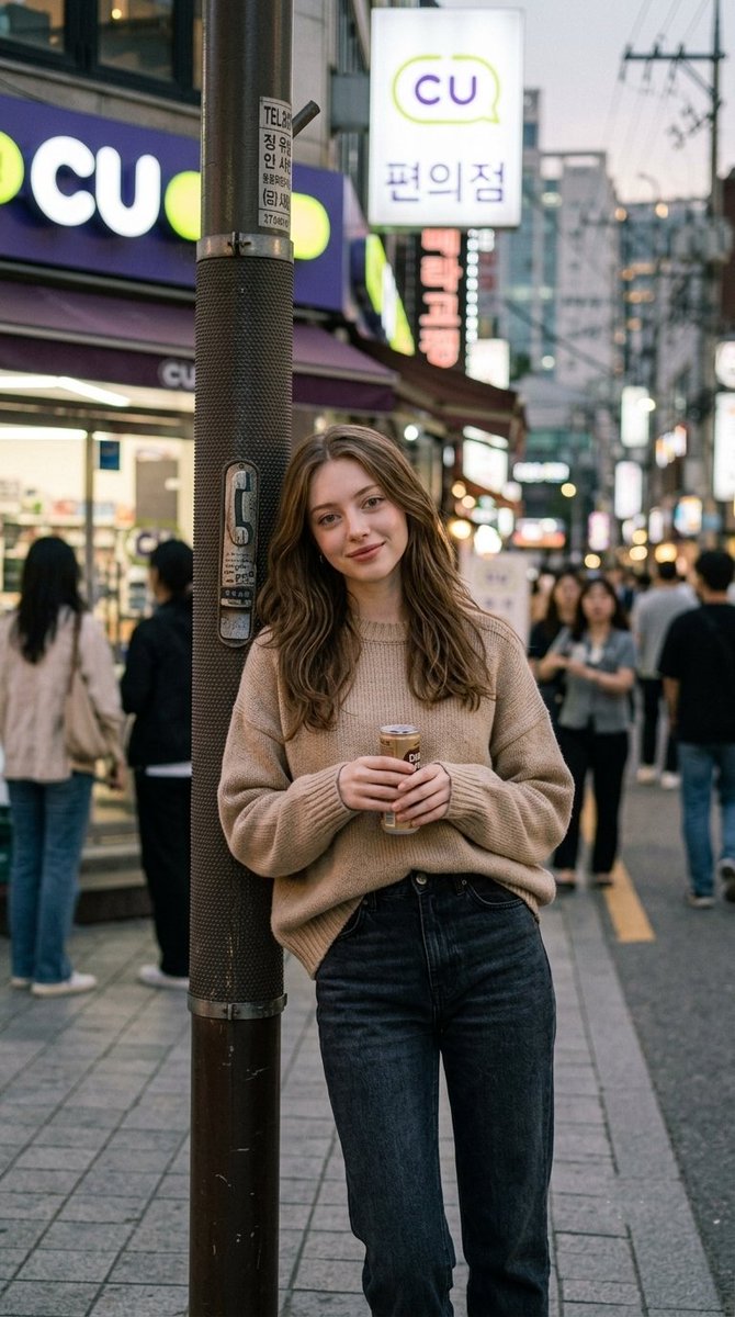 Young woman walks a quiet Seoul street at golden hour