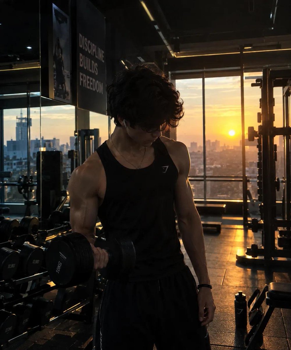 Young Man Lifting Dumbbell in Sunlit Modern Gym at Dawn