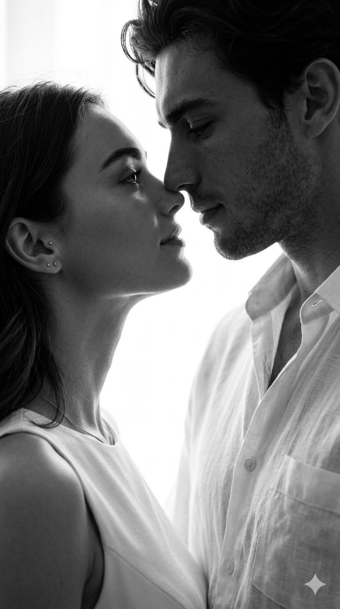 Intimate black and white portrait of a couple sharing a tender moment