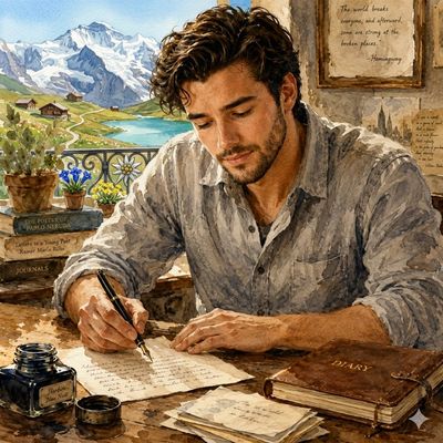 Young writer pens a letter at a rustic wooden desk