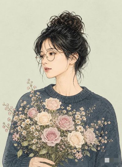 A gender-neutral person holds flowers in a soft profile portrait