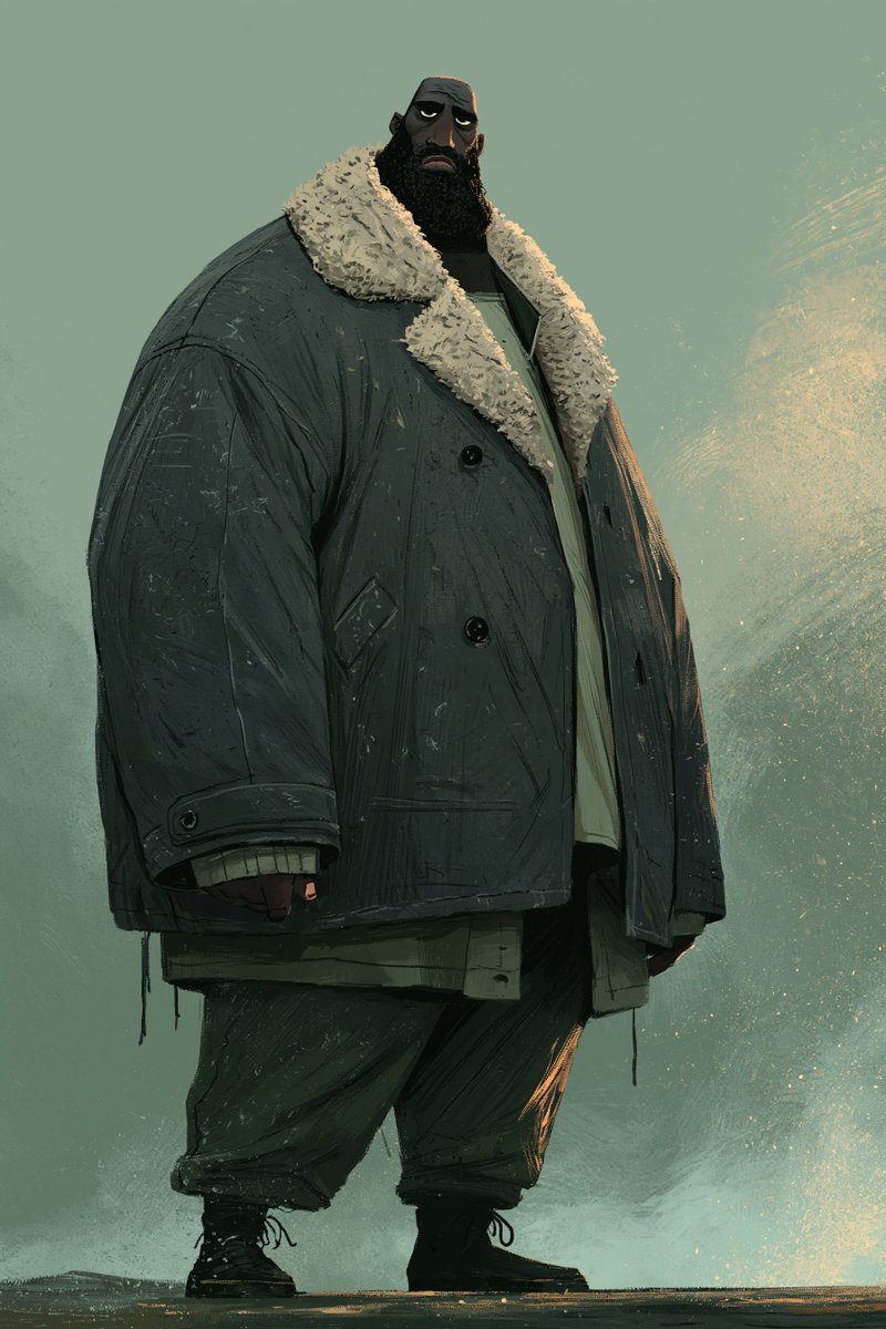 Oversized layers define quiet character in muted painterly portrait