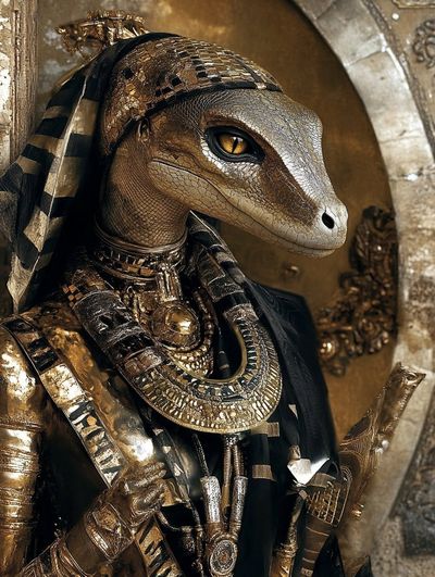 Golden-scaled reptilian warrior stares intently from ancient shadows