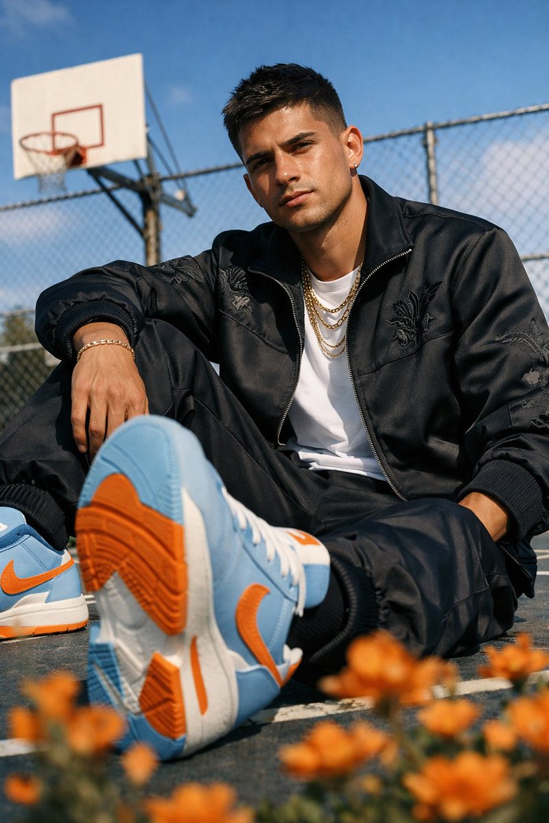 Urban Elegance: Streetwear Portrait on a Sunlit Court