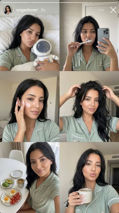 A woman in sage pajamas takes six playful morning selfies