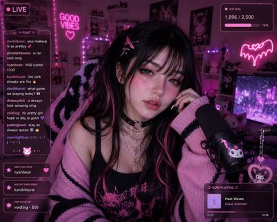 A gamer girl streams from her cozy pink neon bedroom